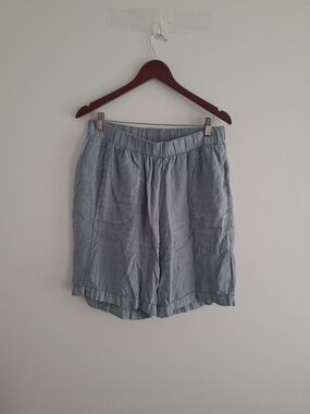 Flax Soft Blue Linen Elastic-Waist Bermuda Shorts SZ M